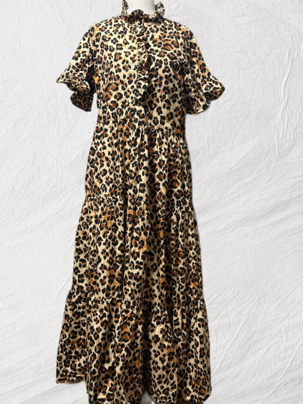 Leopard Print Ruffle Tiered Maxi Dress - Tan & Black